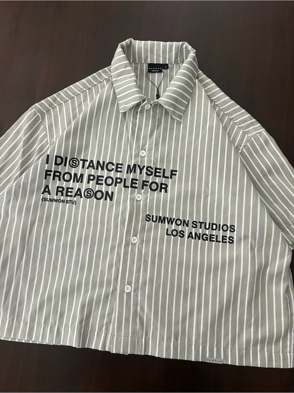 Sumwon Studios Striped Cropped Button Up Shirt Green Graphic Print Streetwear L